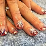 Independence Day Fireworks Press on Nails Short square Fake Nails Red Glitter French tips False Nails 4th of July Glue on Nails Glossy Artificial Patriotic Stars for Women Nails Decoration 24Pcs