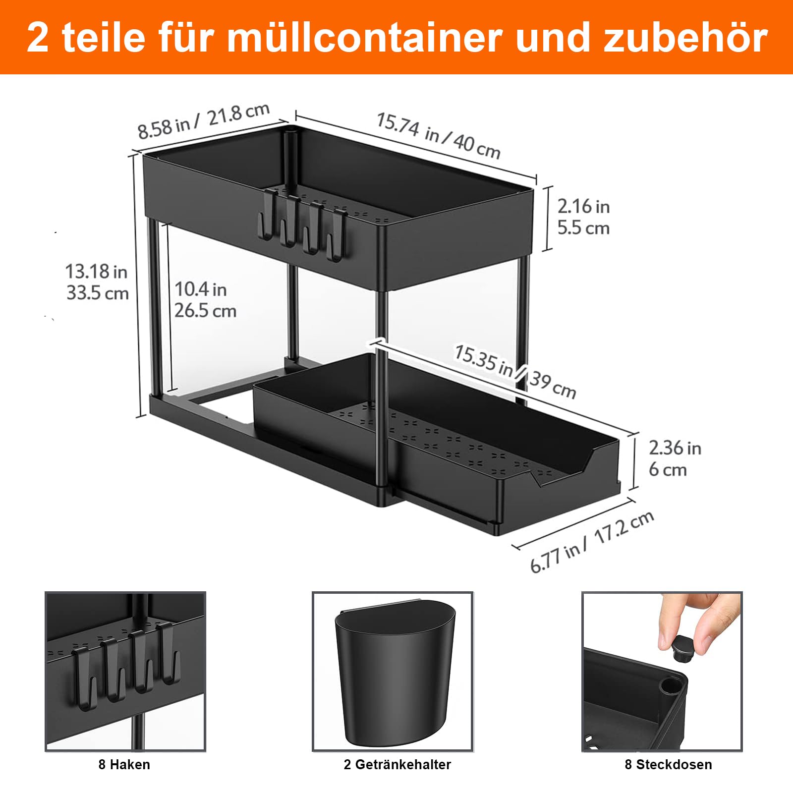 Unter Waschbecken Regal, 2 Etagen Standregal, Küchen Organizer Mit Schiebeschublade, 2 Set Spülschrank Organizer, Mit 8 Haken und 2 Tasse, Mehrfunktional Küchenregal Gewürzregal (Schwarz)