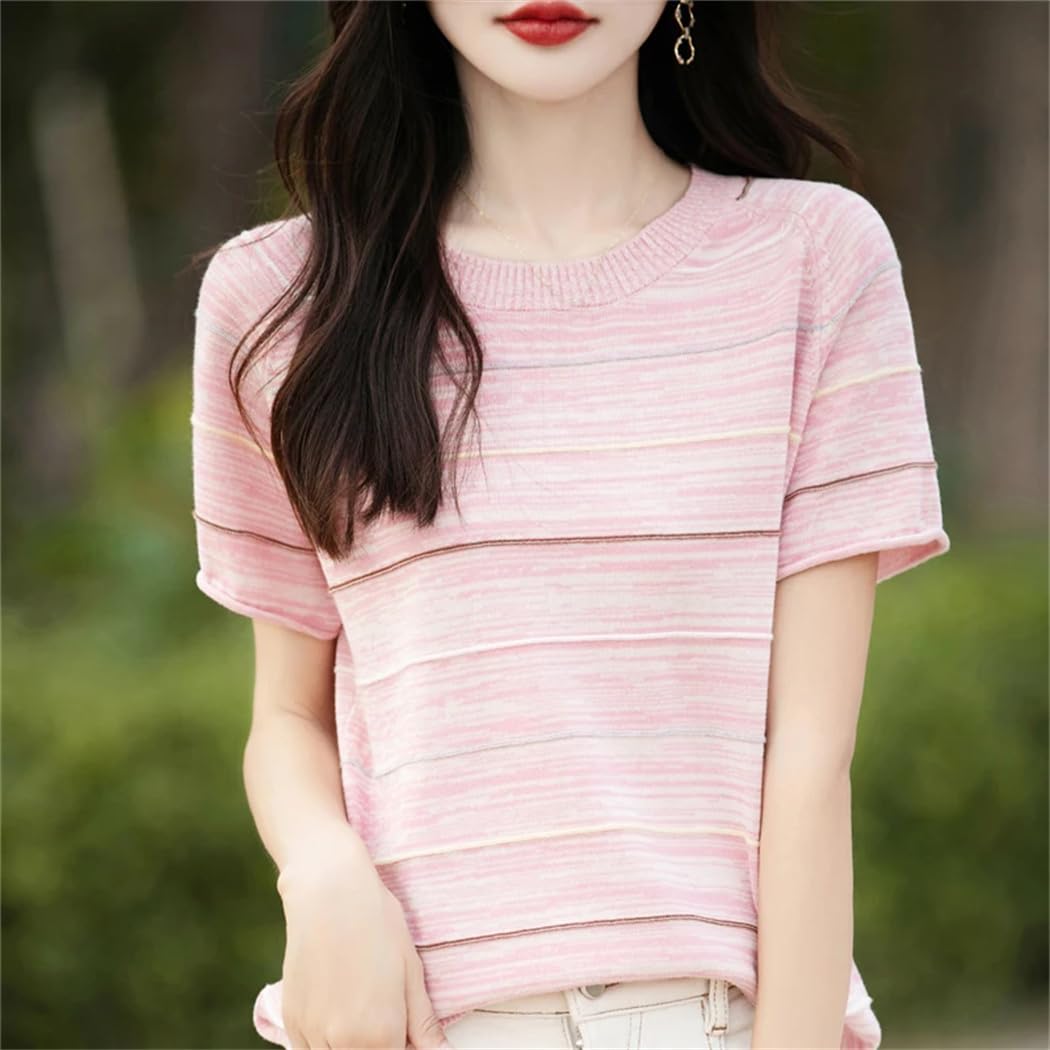 Camicetta estiva da donna in cotone a maniche corte casual a righe camicetta girocollo top pullover allentato t-shirt