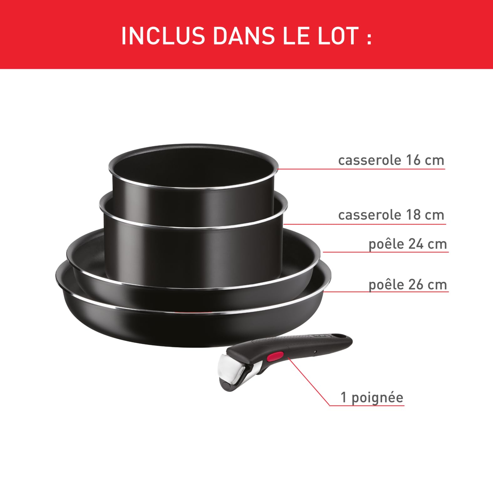 Tefal Ingenio Lot de 5 pièces, Poêles 24/26 cm, Casseroles 16/18 cm, Poignée amovible, Non induction, Revêtement antiadhésif, Empilable, Fabriqué en France, Easy Cook and Clean L1539202