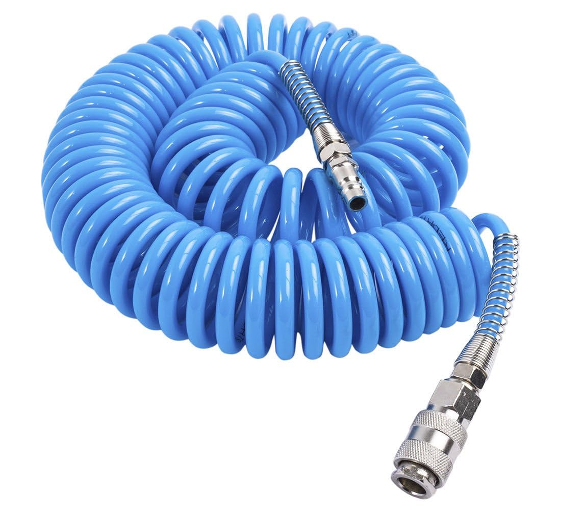 Manguera de Aire Espiral 10m 8x5mm con Enchufes Rápidos – Tubo Compresor Poliuretano Flexible Antinudos – Manguera Aire Comprimido Taller Mecánica Automoción Garaje Profesional