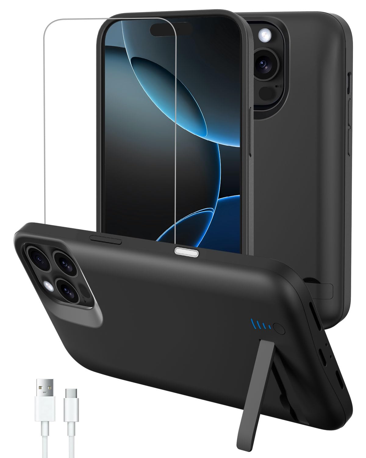Etui ładujące do iPhone'a 16 Pro/17, etui ładujące 8500 mAh z podpórką - czarne