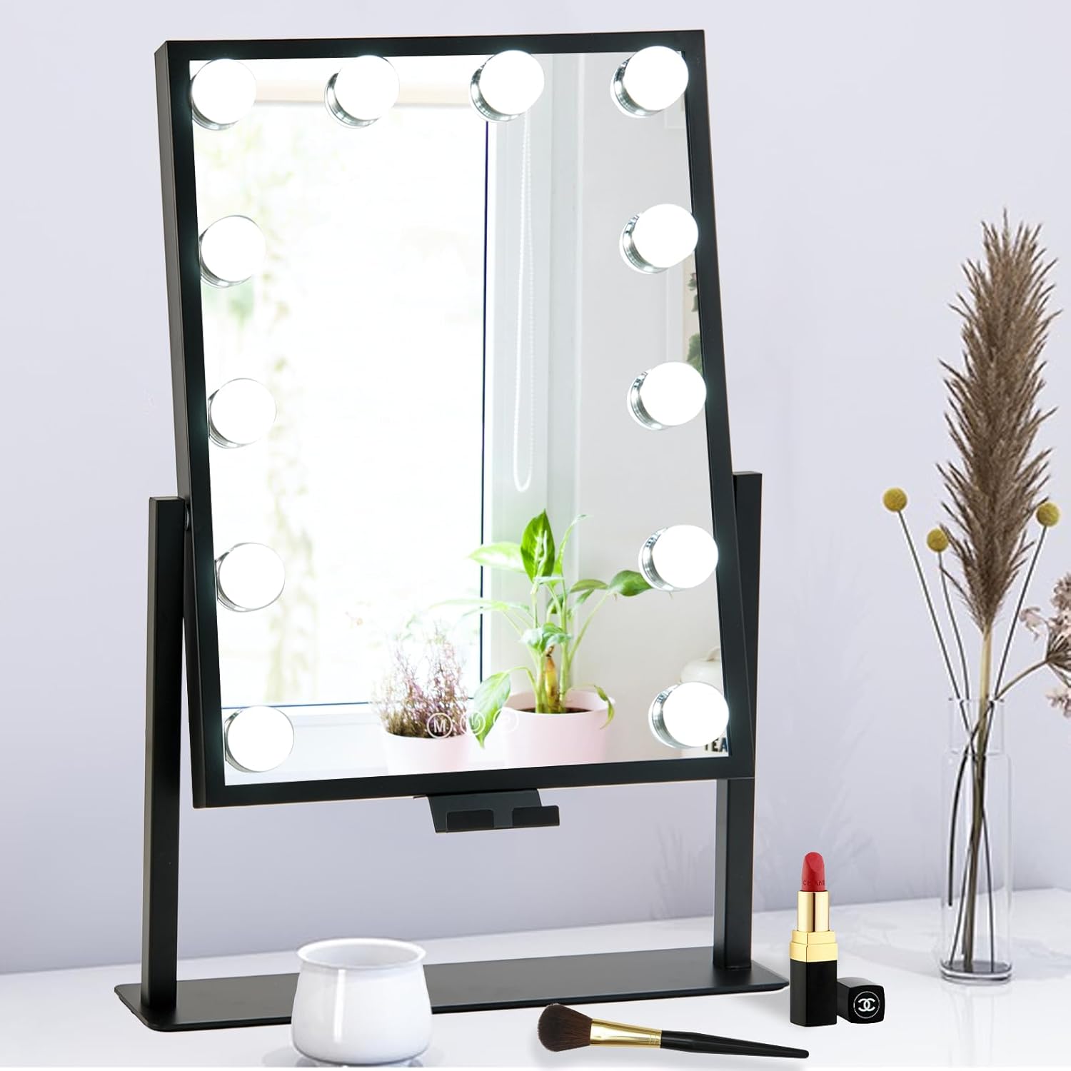 TOPMILO Lighted Makeup Mirror, Vanity Mirror with Lights, Hollywood Vanity Mirror with 9 Dimmable Bulbs Lights, 3 Lighting Modes, Detachable 10X Magnification Mirror, Smart Touch Control, 360°Rotation