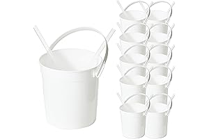 10 Reusable White Plastic Bucket (32oz) with Straws