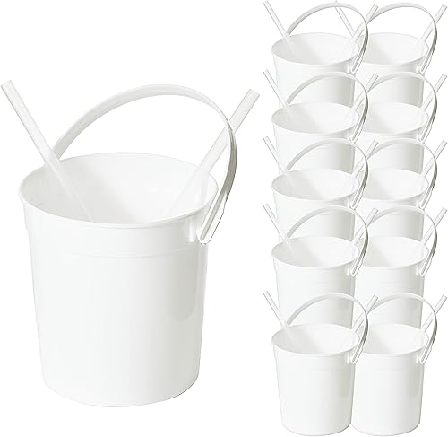 Cubos de plástico para ron para bebidas (paquete de 10 unidades), cubos de bebida para fiestas, cuencos reutilizables con popote (32 onzas) (blanco)