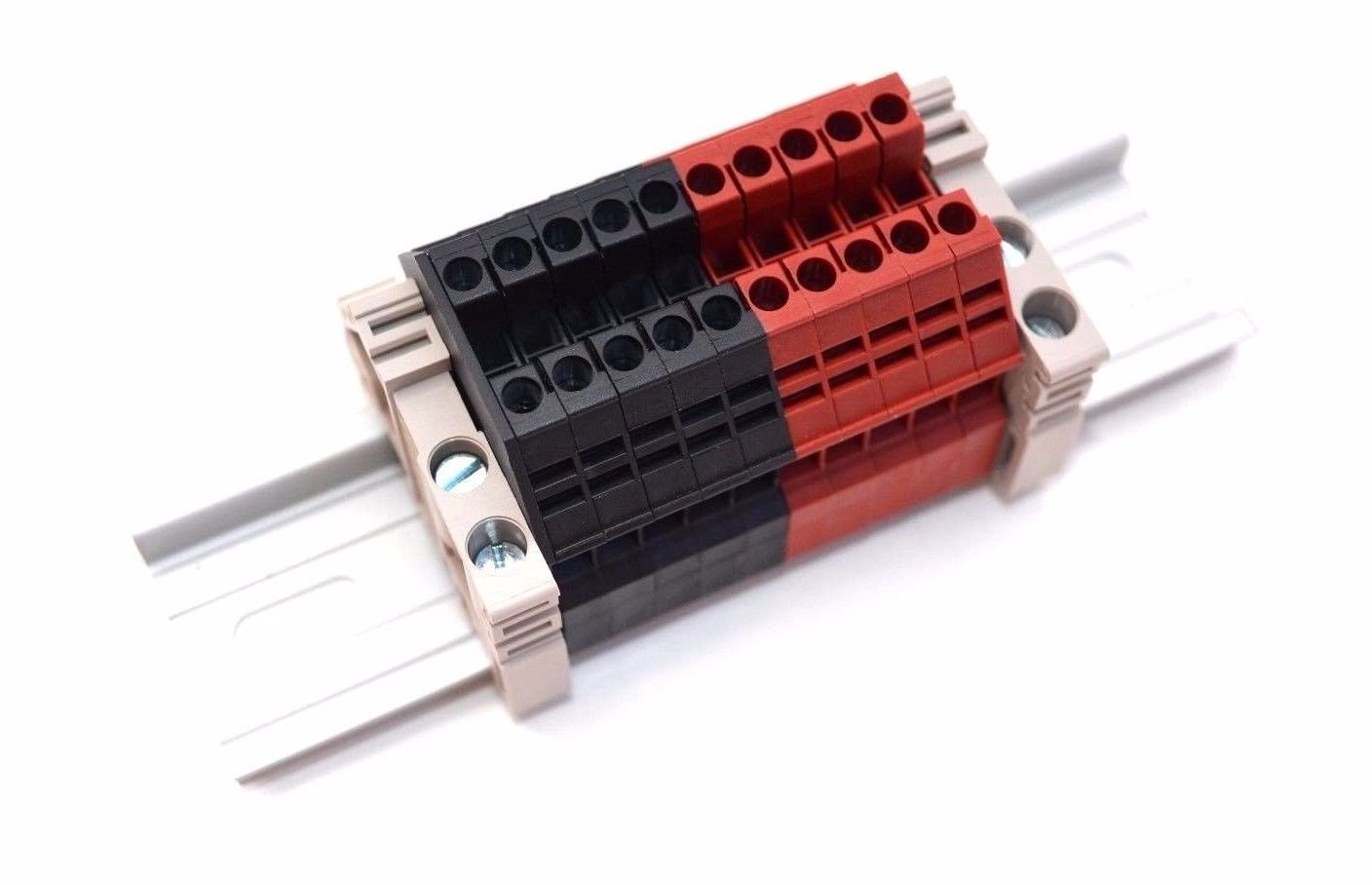Dinkle Assembly DK2.5N Red/Black 10 Gang DIN Rail Terminal Blocks, 12-22 AWG, 20 Amp, 600 Volt