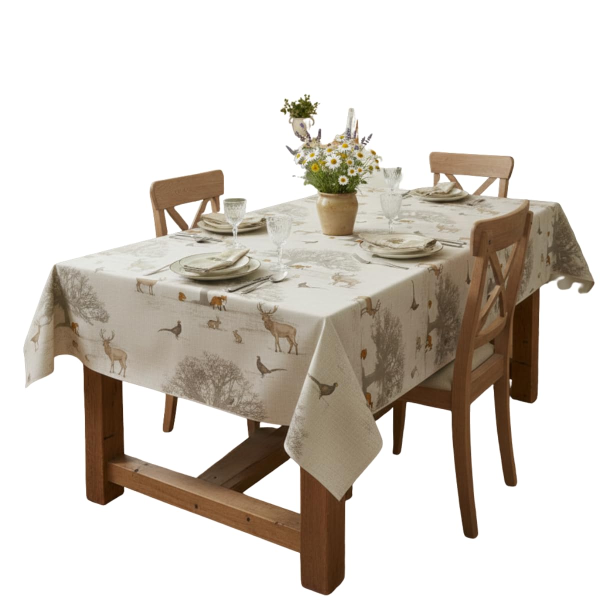 Wipe Clean Tablecloth Oilcloth Beige/Natural Woodland Animals 134cm x 220cm (53" x 87")