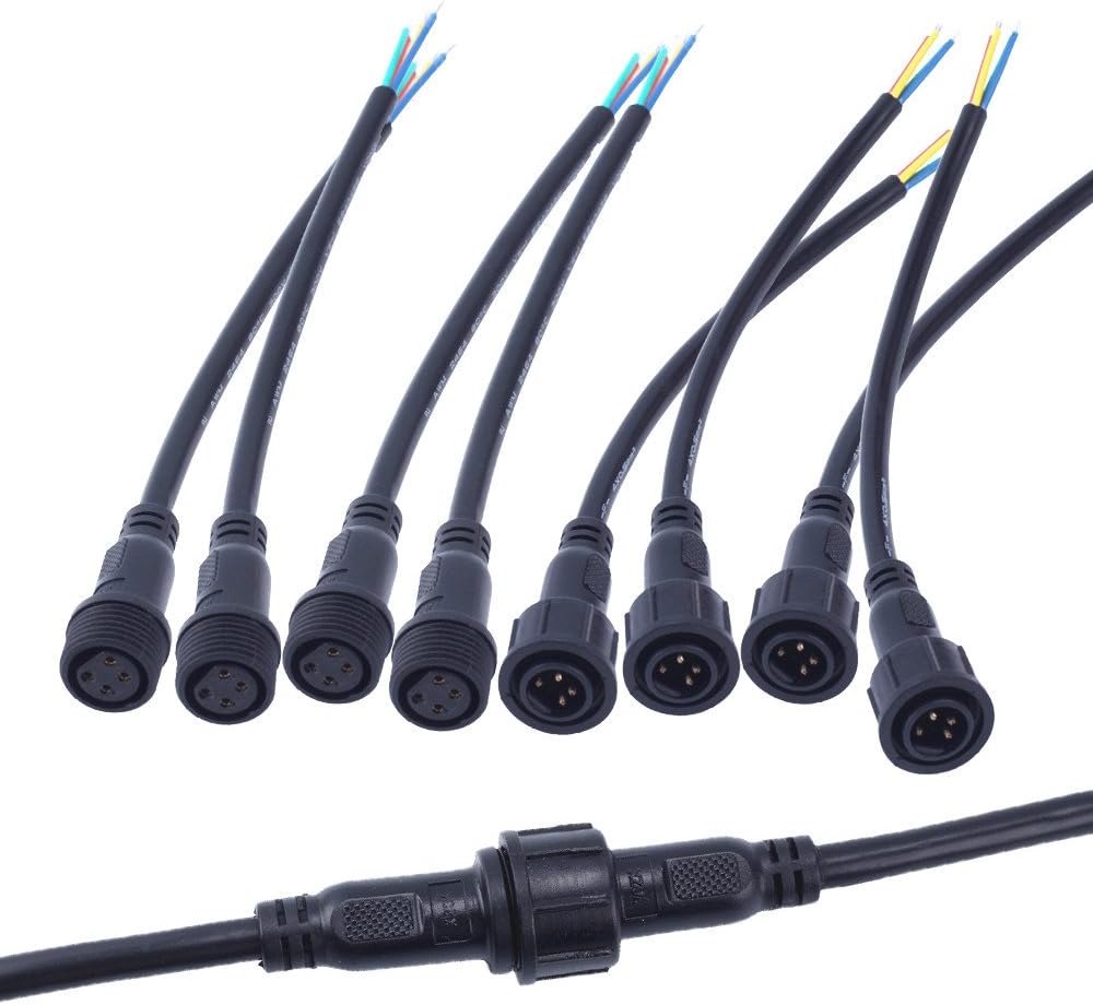CHINLY 10pairs 4Core 4pin BLACK Pigtail Plastics waterproof IP65 LED Connector Male Female for 3528 5050 LED Strip Light, Applicable 20AWG 0.5mm² 22mm Nut