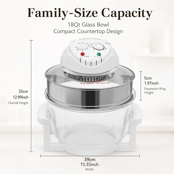 18Qt Large Glass Air Fryer 360 Viewable Halogen & HotAir Circulation Cooker, 12001400 W, Precise Temp Control (0250C), Includes Dual Racks, Expansion Ring & Tong for Family Meals