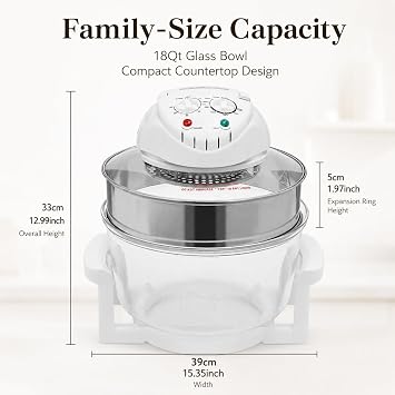 18Qt Large Glass Air Fryer 360 Viewable Halogen & HotAir Circulation Cooker, 12001400 W, Precise Temp Control (0250C), Includes Dual Racks, Expansion Ring & Tong for Family Meals