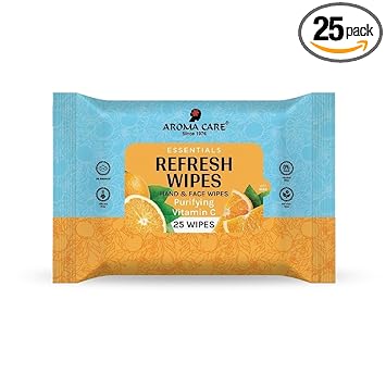 Aroma Care Essentials Purifying Vitamin C Refresh Wipes, 25 Wipes, Pack of (2) "Skin Brightening Wet Wipes for Face & Body | Enriched with Vitamin C & Antioxidants | Alcohol-Free, Soft & Skin-Friendly