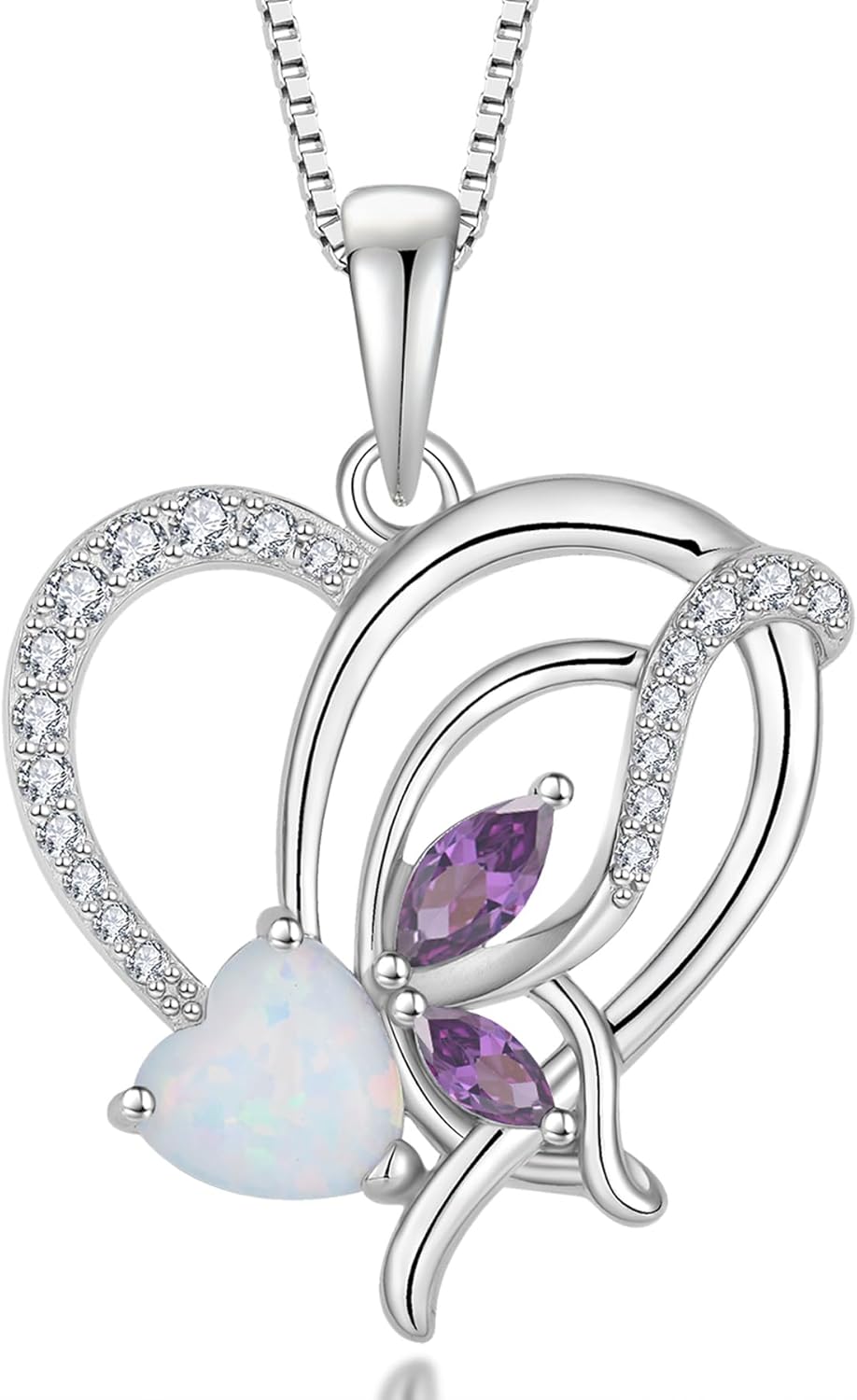 Opal Heart Necklace for Women 925 Sterling Silver Butterfly Pendant Birthstones Jewelry Gift