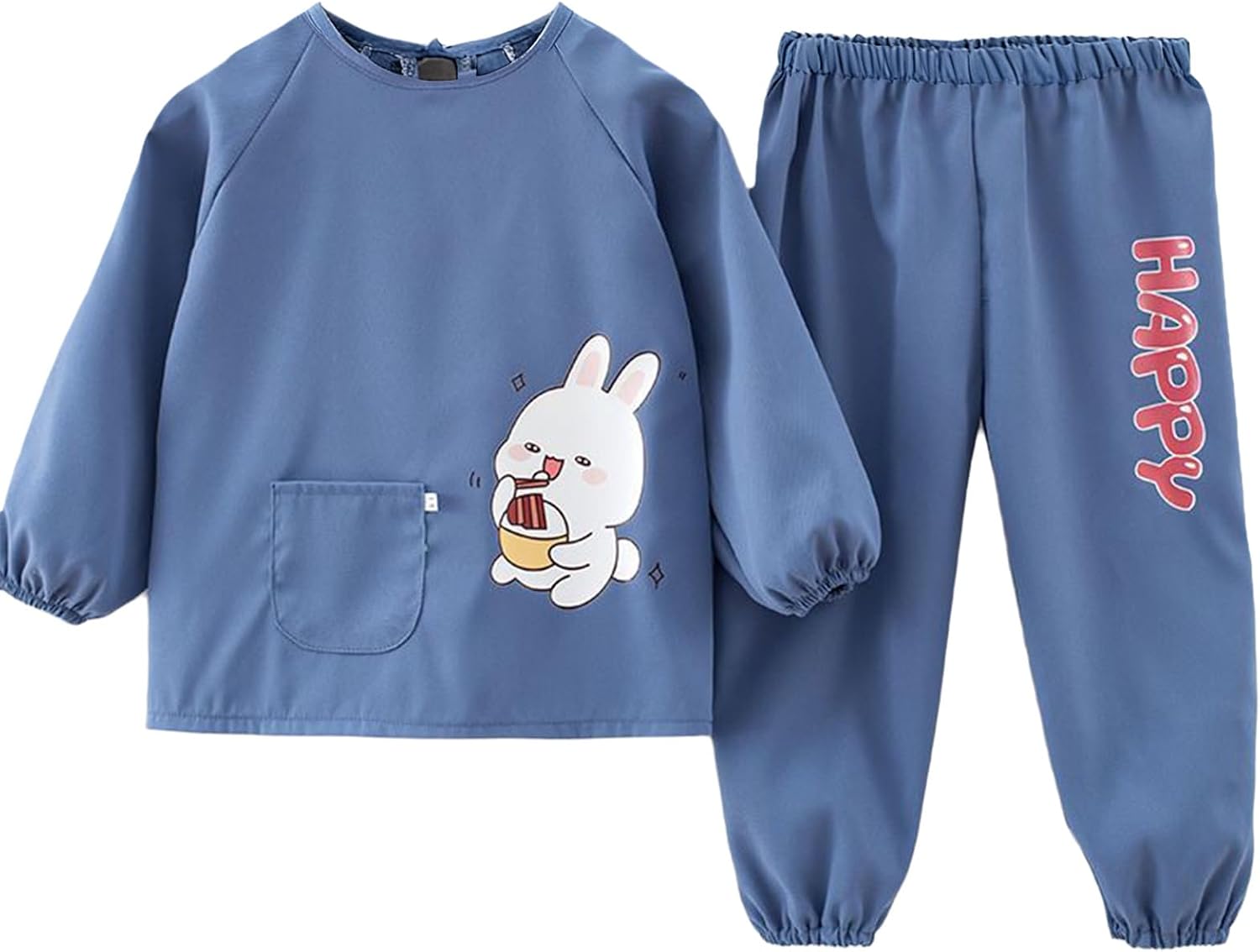 Alvivi Coordinated Baby Outfit Waterproof Top and Pants Set 2-piece Painting Clothes Full Body Anti-stain Coverall Blue Rabbit 12-18 Months