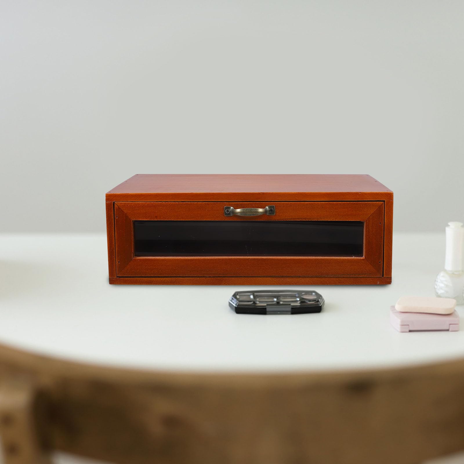 TOYANDONA Organizer da Scrivania in Legno Solido con Cassetto Singolo, Scatola Porta Cosmetici e Porta Prodotti la Cura della Pelle, Organizer Multifunzione per Ufficio, Bagno e Camera