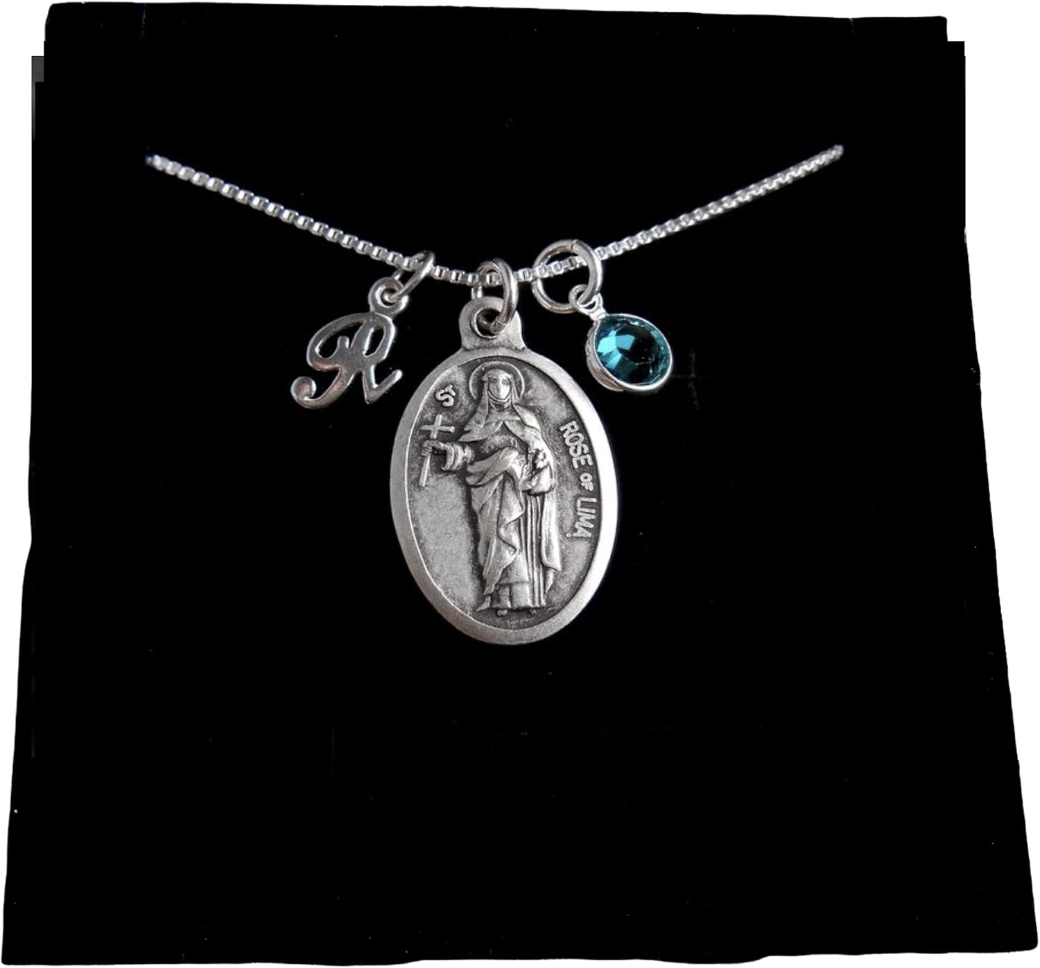 St. Rose of Lima Necklace, Birthstone Crystal, Sterling Silver Initial Charm, Patron Saint, Confirmation Gift, Catholic Jewelry, Patron Saint of Gardners