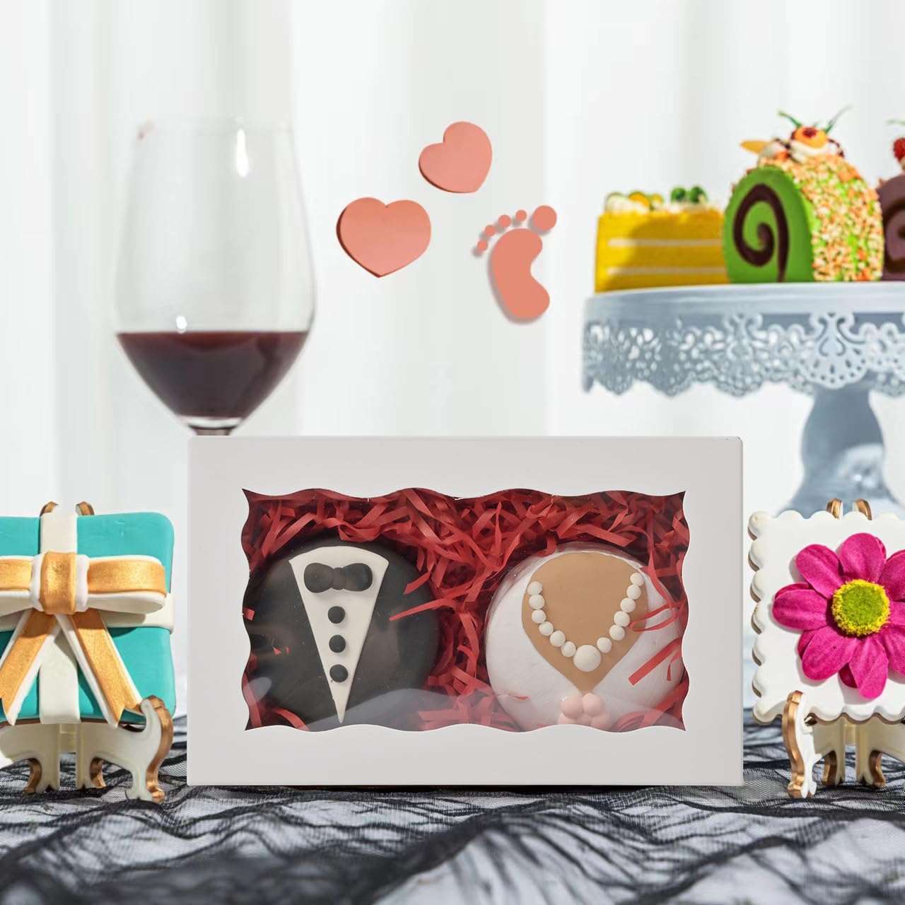 RomanticBaking Paquete de 100 cajas de galletas blancas de 7 x 4 3/8 x 1 1/2 pulgadas con ventana, cajas de panadería de Navidad, cajas de macarrón, cajas pequeñas de trufa de chocolate