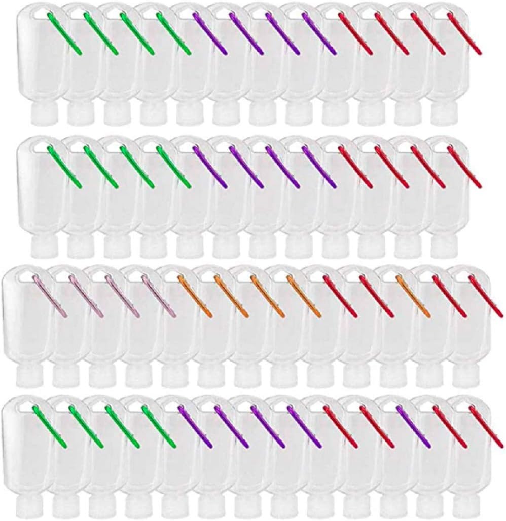 Traction Goods Refillable 50 ml Plastic Bottles | 50 pcs | Antibacterial Hand sanitizer Bottles w Keyring with Multi Colour Clips | Mini Size Travel Empty Squeeze Gel Bottle on Key Chain for Lanyard