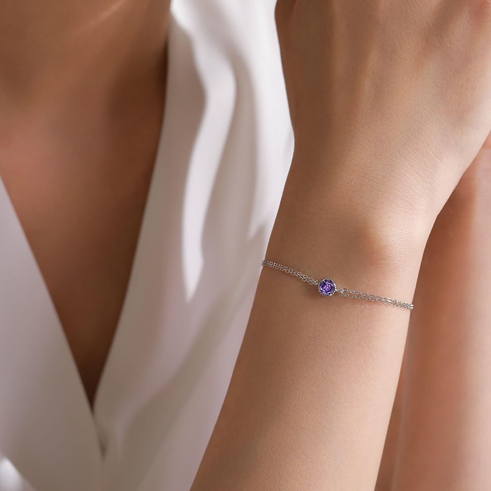 Pulseras para mujer, pulsera de cadena para mujer, cadenas de doble capa con amatista redonda y oro blanco de 0,5 quilates