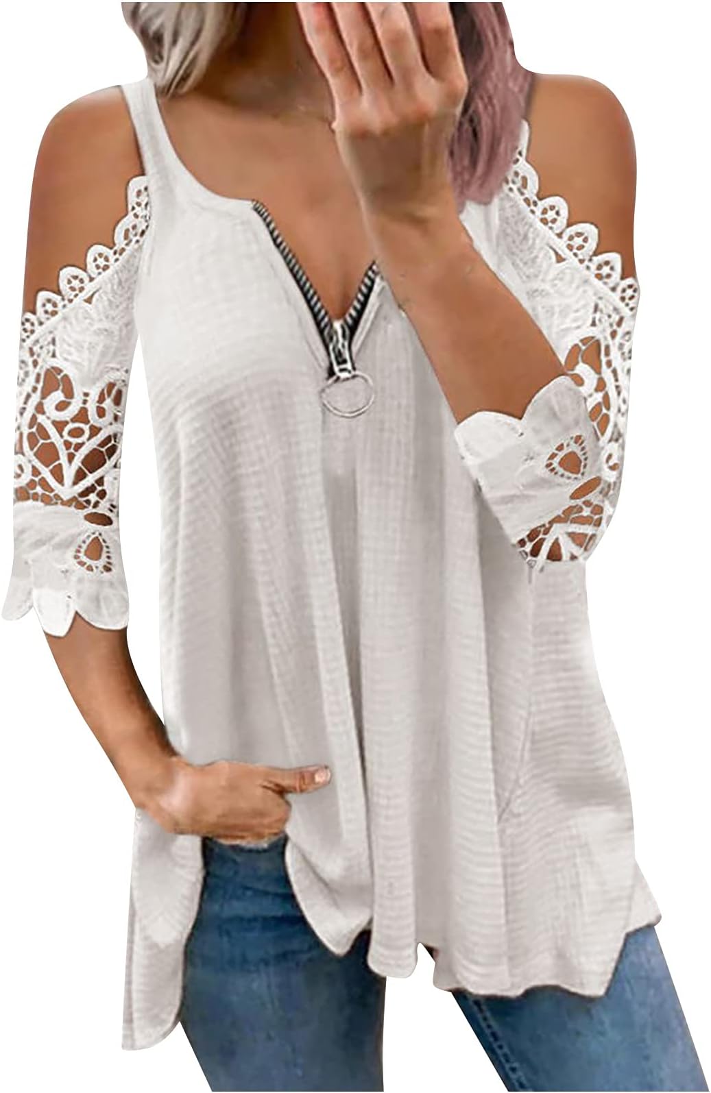 AMhomely Women Casual Lace Half SleeveＶ-Neck Zipper Hollow Out T-Shirt Blouse Tops Sale Clearance UK Size