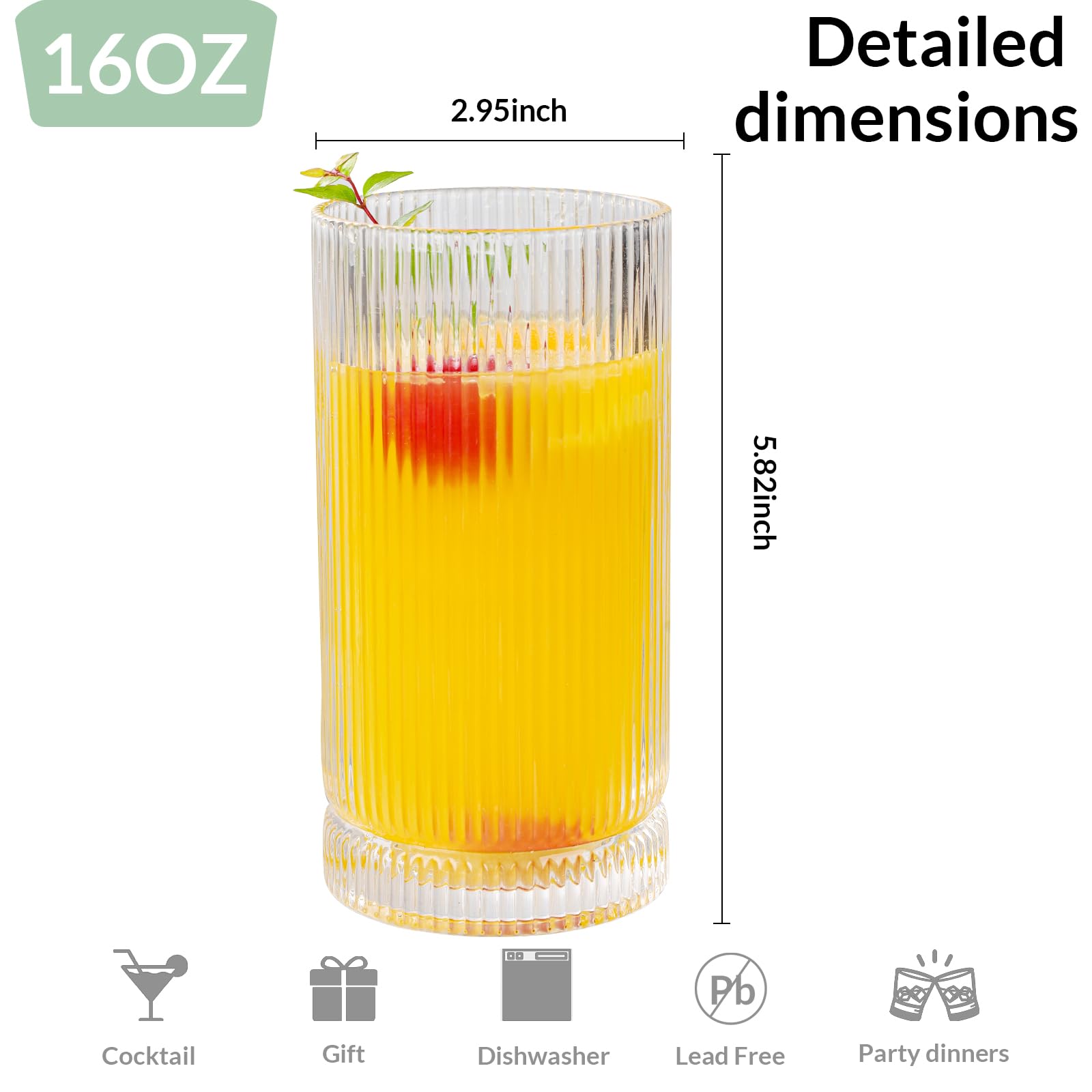 WeirdUncle Vintage Ribbed Glassware Set, 16oz Drinking Glasses, Origami Style Set of 4, Fluted Design, Ideal for Water, Iced Coffee, Juice, Beer, Milk, Gift (16oz)