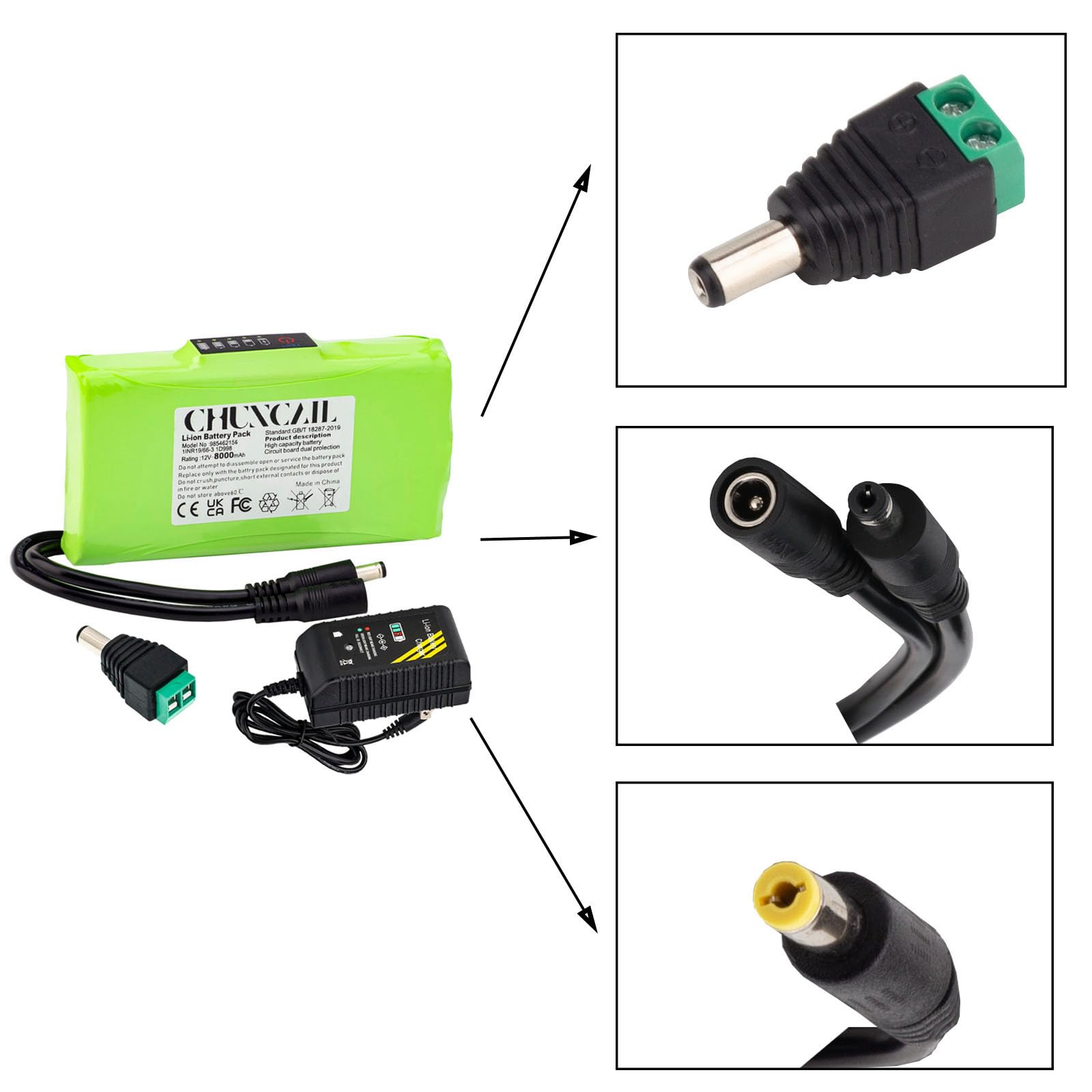 Batería de iones de litio de 12 V, 8 Ah, fuente de alimentación móvil, batería de gran capacidad, audio con cabezal CC e indicador de alimentación para luz LED, proyecto de bricolaje, paquete de