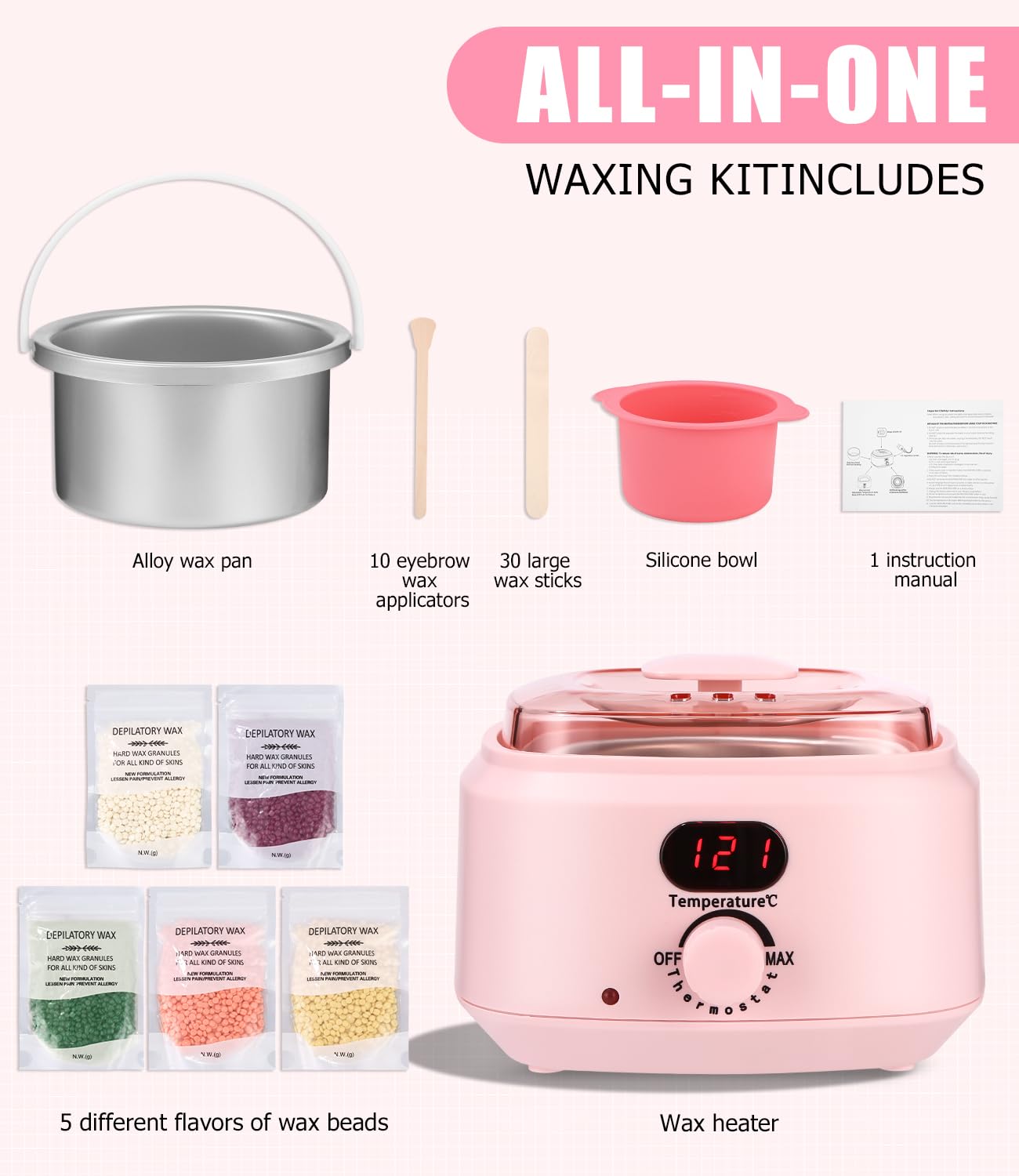 Chauffe cire epilation professionnelle, kit epilation cire 5 paquets de perles d’épilation, 1 bol en silicone et 30 bâtonnets de cire, 10 applicateurs