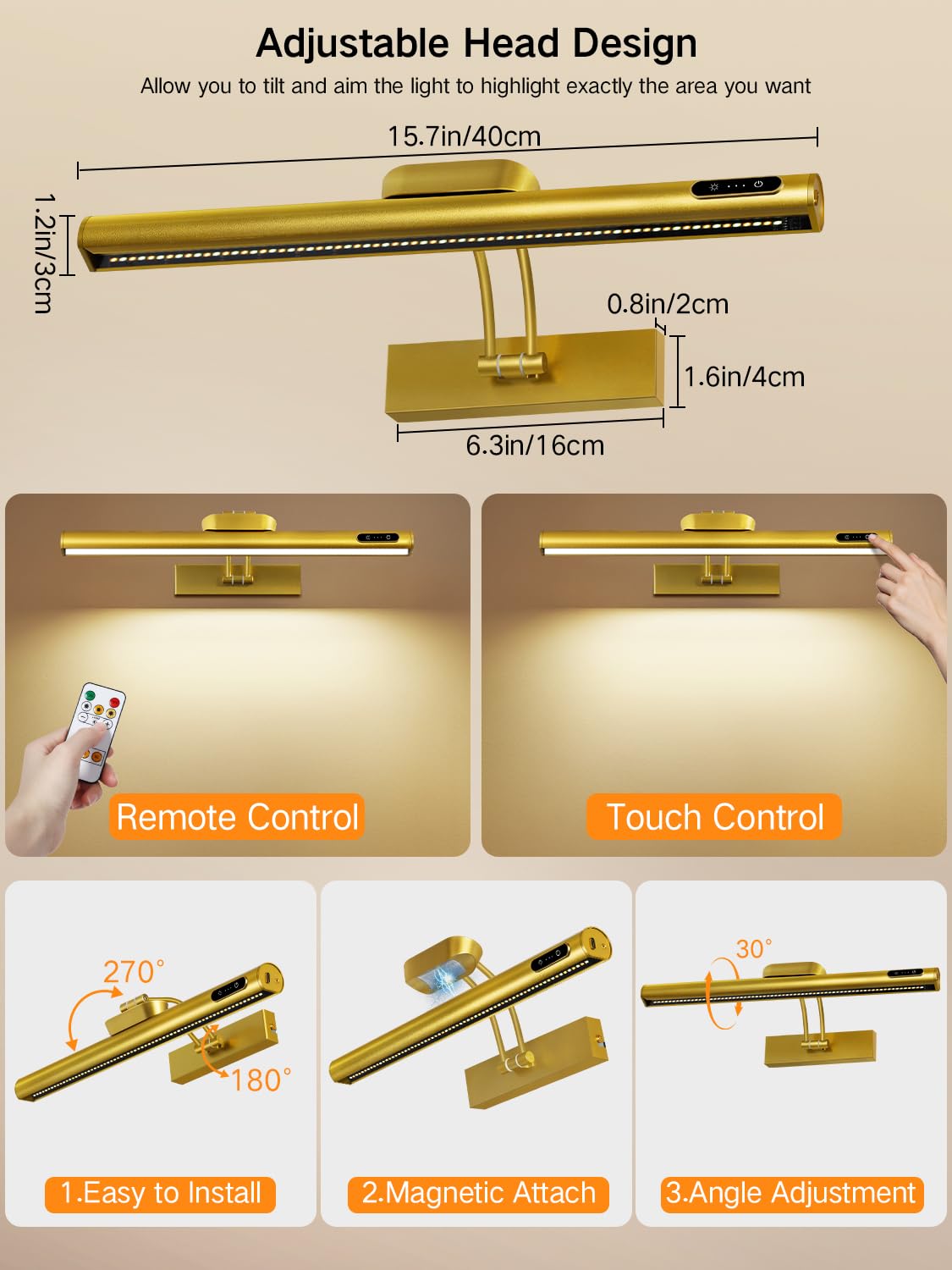 OUTON 40cm Bilderleuchte Kabellos Wiederaufladbar mit Fernbedienung+Touch, LED-Akku-Wandleuchte Bildbeleuchtung, Dimmbar 3-Farb Timer, 4000mAh USB-C-Aufladbar, Wandlampe für Gemälde Spiegel – Gold