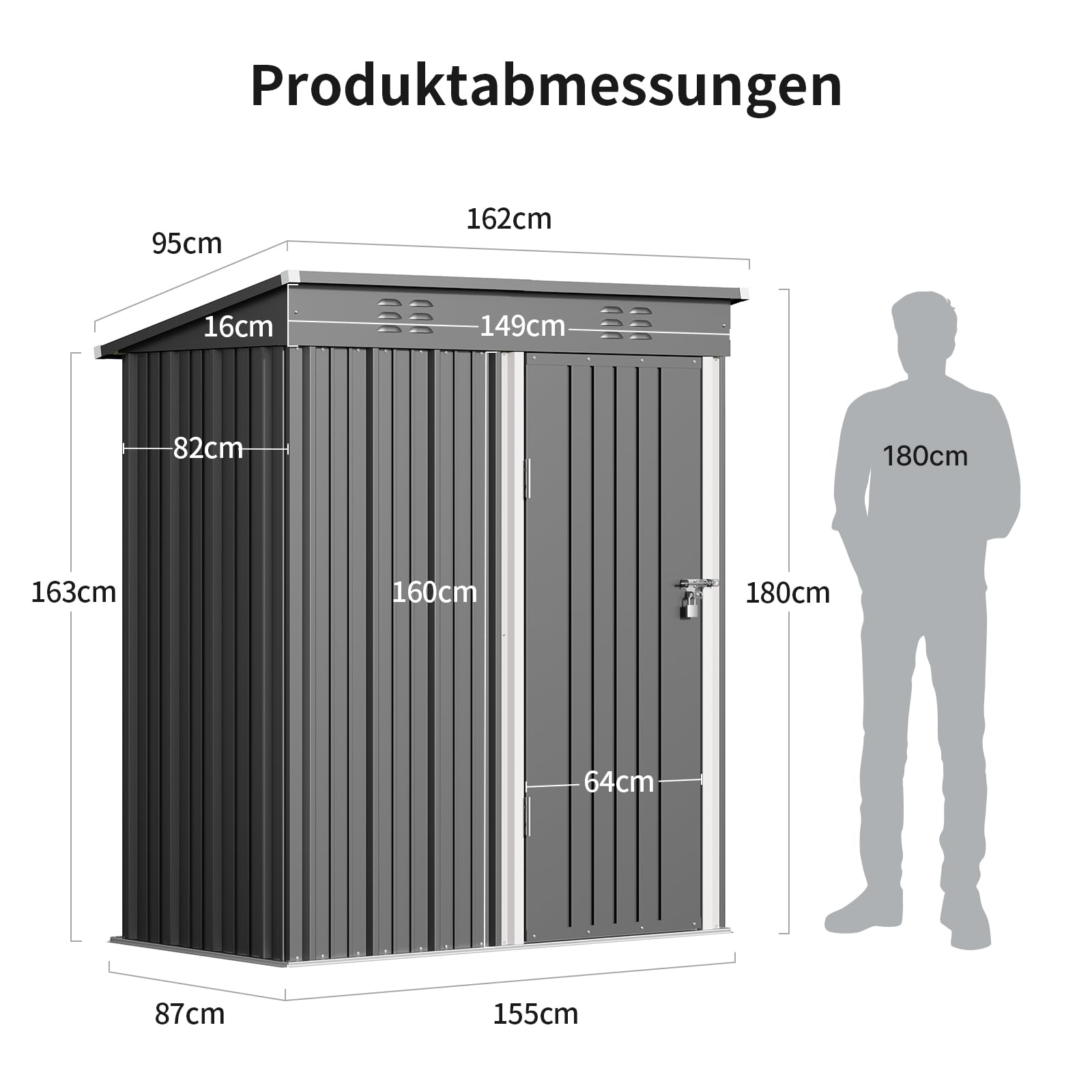 Bealife Metall-Geräteschuppen 180 x 162 x 95 cm, Geräteschuppen aus Stahl, Gartenschuppen, Lagerschuppen im Freien, Gartenhaus für Hinterhof, Terrasse, Rasen (Grau)