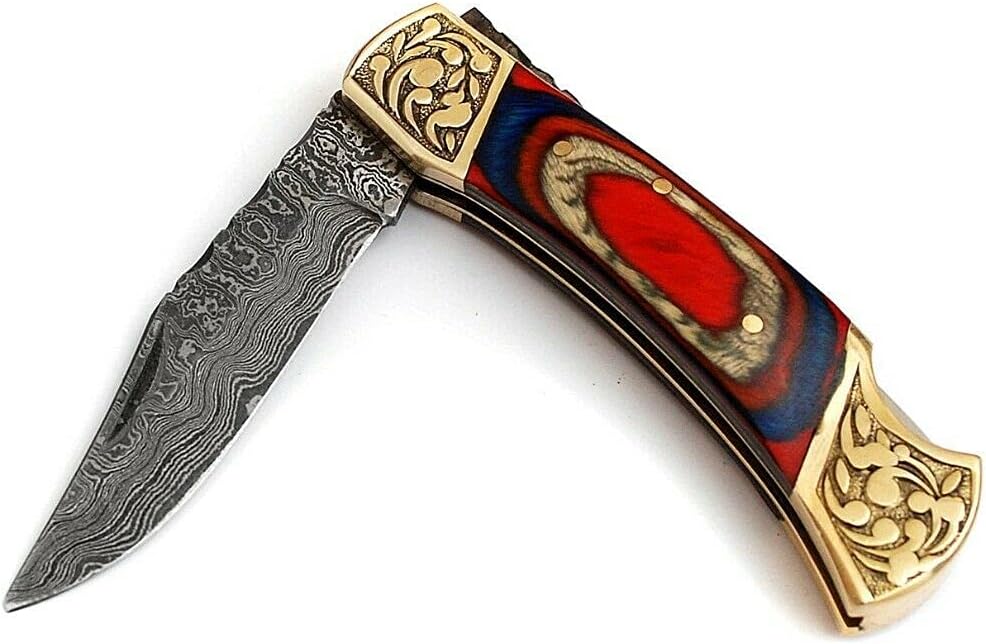 HADI Custom Handmade Forged Damascus With Leather Sheath Folding Knife for Camping, Fishing, Hunting and for Kitchen (Red)