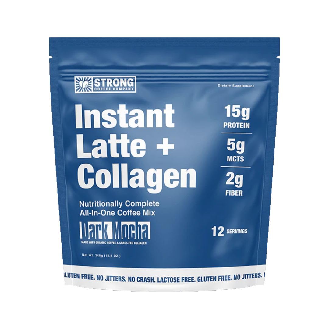 Strong Coffee Co. Dark Mocha Instant Latte | Organic Coffee with 15g Collagen Protein | Lion’s Mane & L-Theanine | Nootropic Instant Coffee | 12 Servings