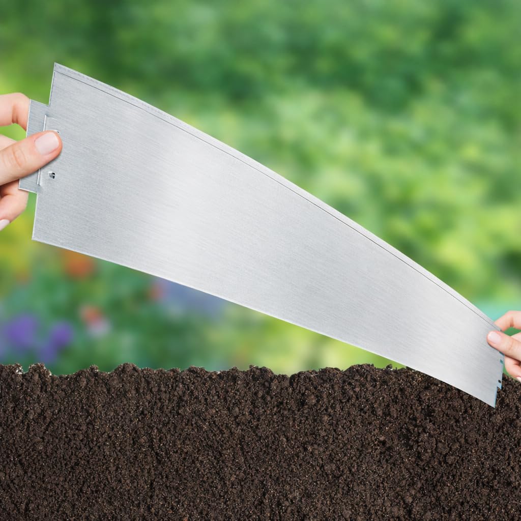 Peviasot Rasenkante Metall Verzinkt, 15m Garten Beeteinfassung, Flexible Mähkante Rasenbleche, Stecksystem ohne Zubehör Einfache Montage, Silber 15 Stück 100cm x 15cm (L x H)