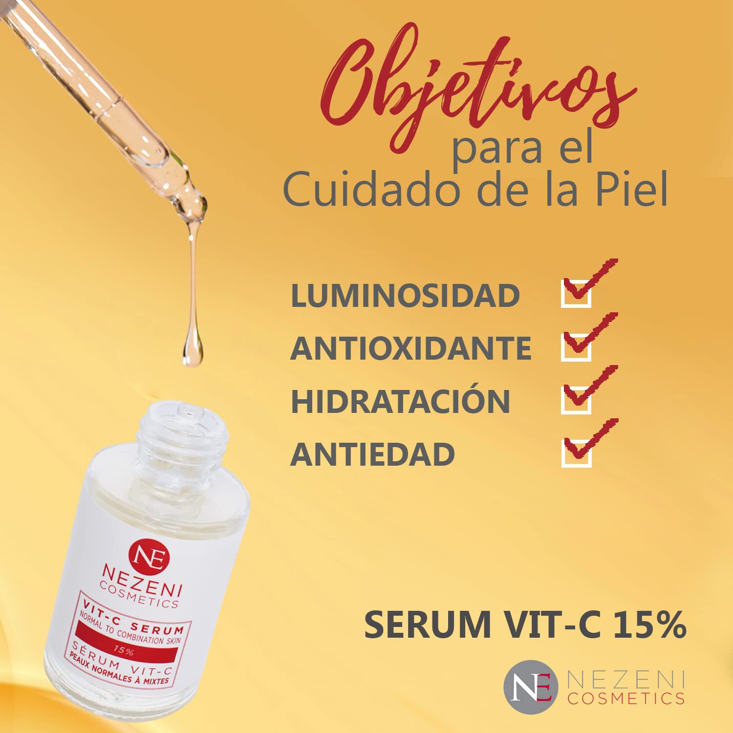 Serum VITAMINA C 15% + 10% Niacinamida + Ácido Hialurónico – 7 principios activos - BAJO CONSERVANTES 2 años caducidad cerrado