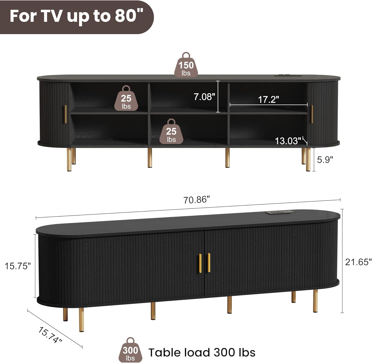 DHH 70.8 Inch Mid Century Modern TV Stand with Power Outlet for TVs up to 80 Inch, Entertainment Center with Storage and Adjustable Shelves, Media Console with Sliding Doors for Living Room(Black)