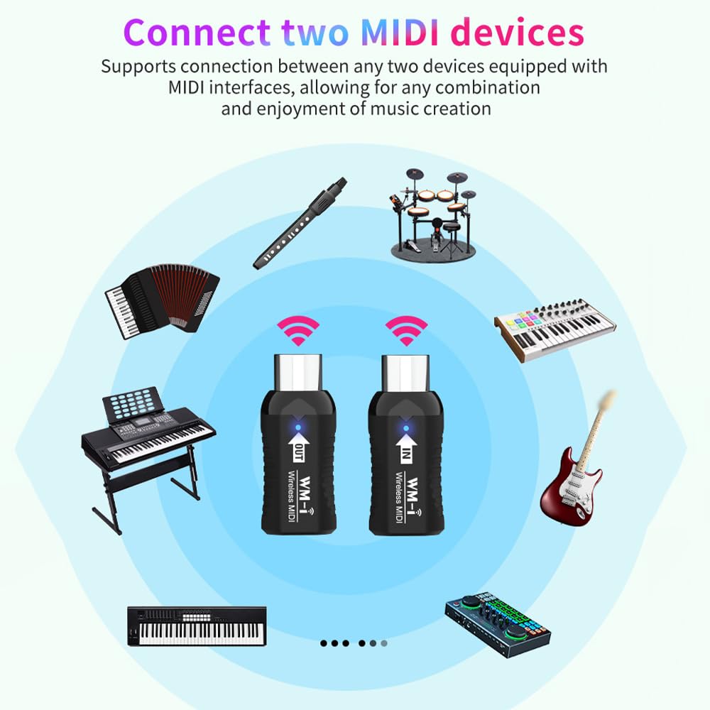 Kavolet Adattatore MIDI senza fili, trasmettitore/ricevitore audio ricaricabile, 2,4 GHz, latenza estremamente bassa, connettore MIDI portatile integrato silenzioso per strumenti a fiato tastiera