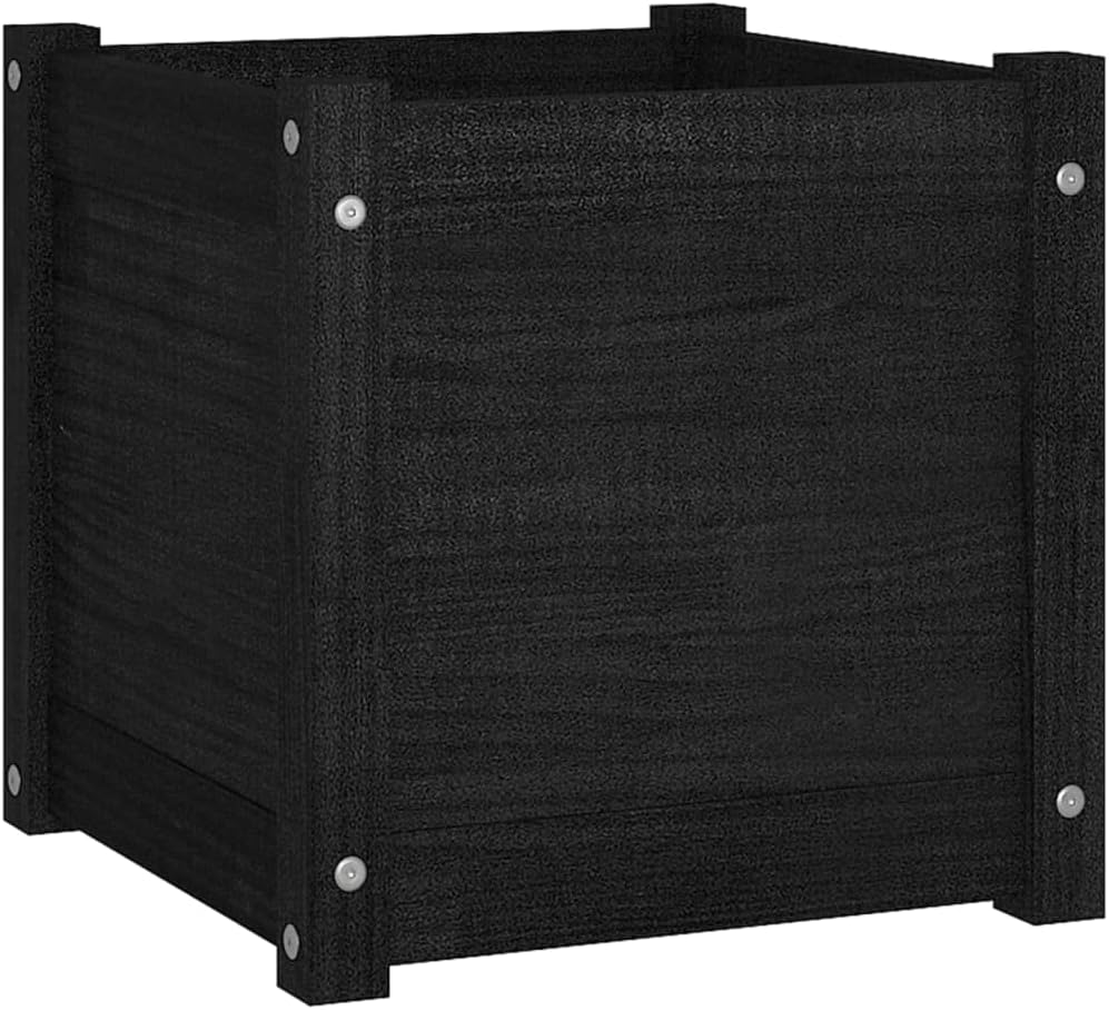 Black Cube Planter Box 15.7 in Solid Pine Wood Raised Garden Bed with Drainage for Outdoor Patio Balcony Indoor Modern Planter Pot for Herbs Flowers Vegetables