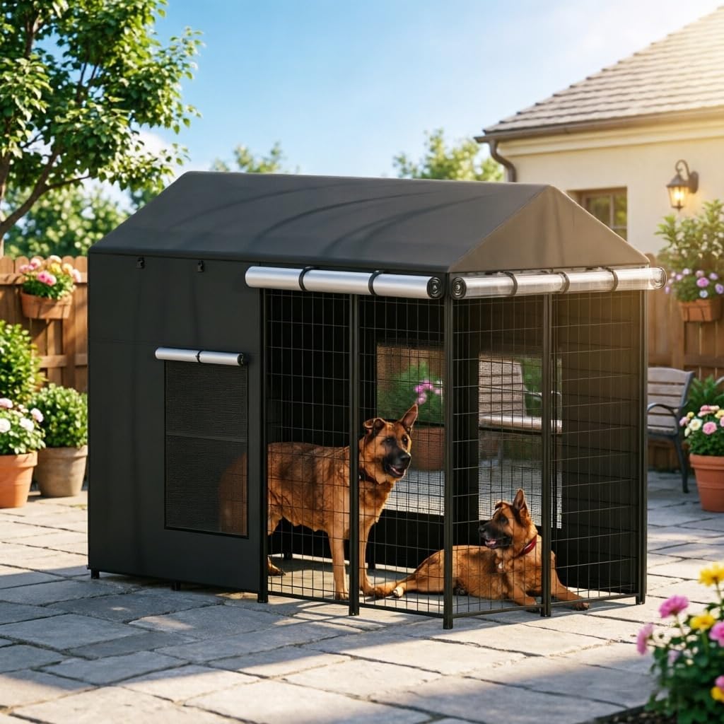 8x4x6 Outdoor Dog Kennel Cover, 600D Heavy Duty Waterproof UV Protection Crate Cover with Clear TPU Window, Full Coverage Windproof Insulation Dog Cage Cover for Large Dogs, Black