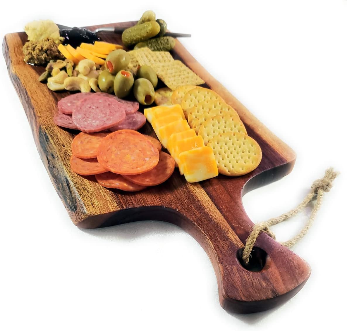 Acacia Charcuterie Board with Natural Live Edge & Handle - Wood Cheese Board - Decorative Wooden Serving & Cutting Board - Housewarming, Mothers Day, New Home & Wedding Gifts (18” x 8”) - Image 2