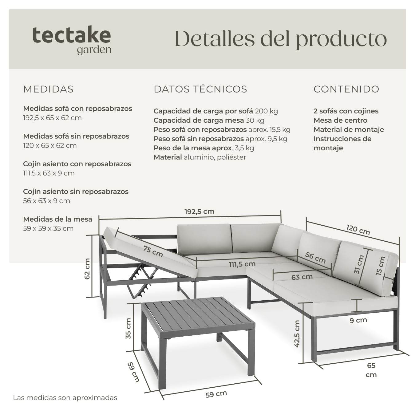 tectake® Conjunto de Muebles de Jardín, Sofa Exterior, Mesa de Exterior, Aluminio Ligero, Cojines Impermeables, Muebles Terraza, Sofá Exterior, Fácil de Limpiar, Resistente a la Intemperie - Gris