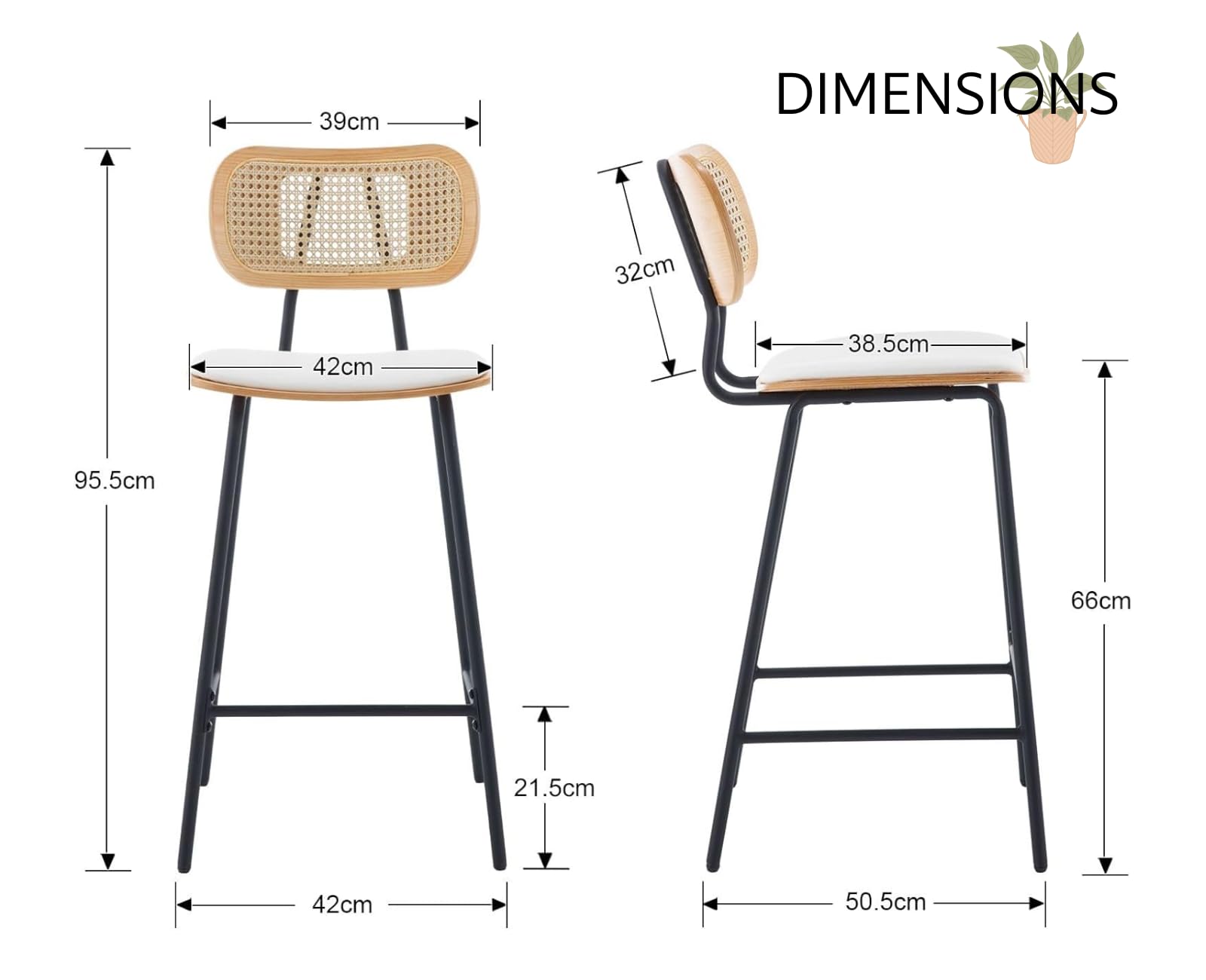 chairus Juego 2 de Taburetes Bar con Asiento de Polipiel Sillas Barra con Respaldo Ratán, Taburetes Bistró Modernos con Patas de Metal para Isla de Cocina, Blanco