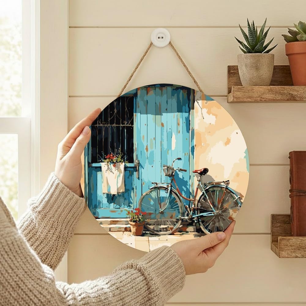 Rustic Bicycle Paint by Numbers Kit for Adults on Wood Board – DIY Blue Door and Nostalgic Bike Wood Craft Painting Kit, 12 in Round, Acrylic Paint Set, Beginner-Friendly, Relaxing Home Decor Gift