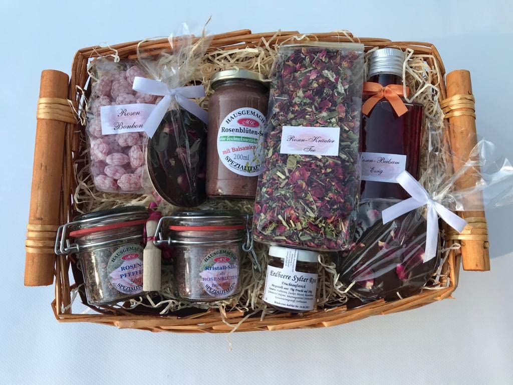 Geschenkkorb/Präsentkorb Rosenstrauß mit Rosen-Balsam-Essig, Rosenpfeffer, Kristallsalz mit Rosenblüten, Rosen-Fruchtaufstrich oder Honig mit Rosenöl, Rosenblüten-Senf und Schokolade mit Rosenblüten