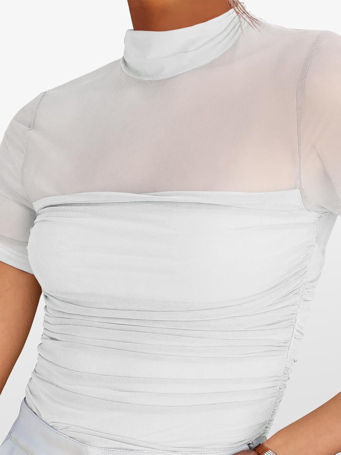 ANRABESS Womens Summer Sexy Mock Turtle Neck Short Sleeve Tops Sheer Mesh Shirts Slim Blouse Trendy Ruched Going Out Outfits - Image 3