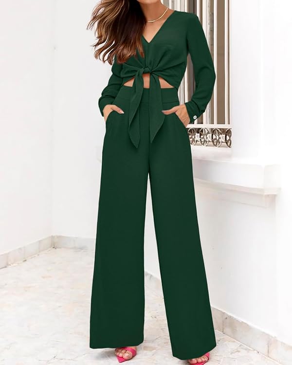 PRETTYGARDEN Women's 2 Piece Outfits 2026 Spring Fashion V Neck Long Sleeve Strappy Crop Top Wide Leg Pant Lounge Sets(Drak Green,XX-Large) by PRETTYGARDEN - Used condition - Image 4