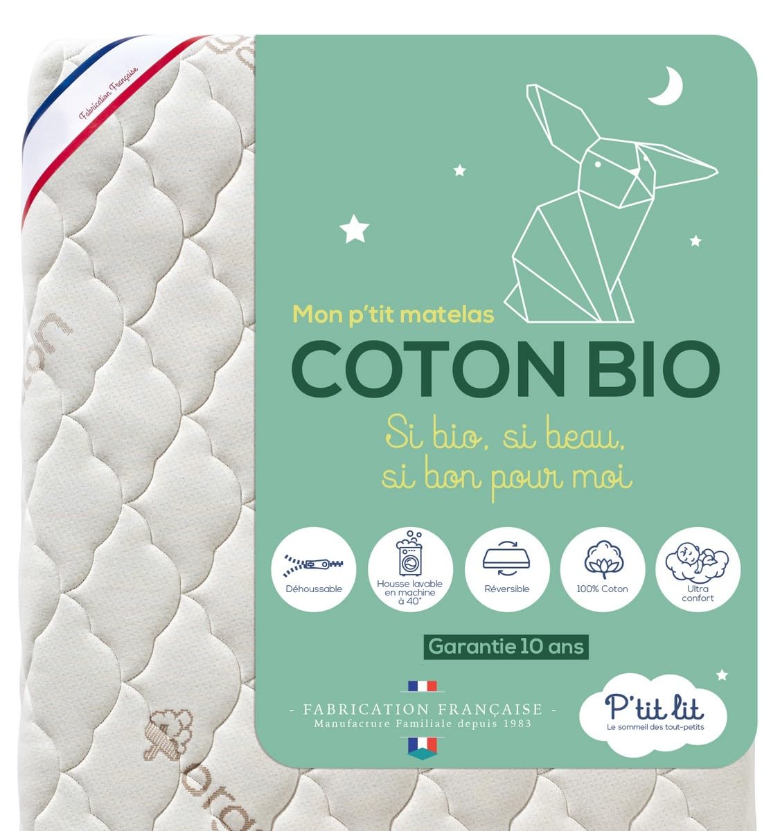 P'TIT LIT - Organic cotton children's mattress - 70 x 140 cm - 100% cotton: natural material of plant origin - no chemical treatment - removable cover - Oeko Tex® - Made in France