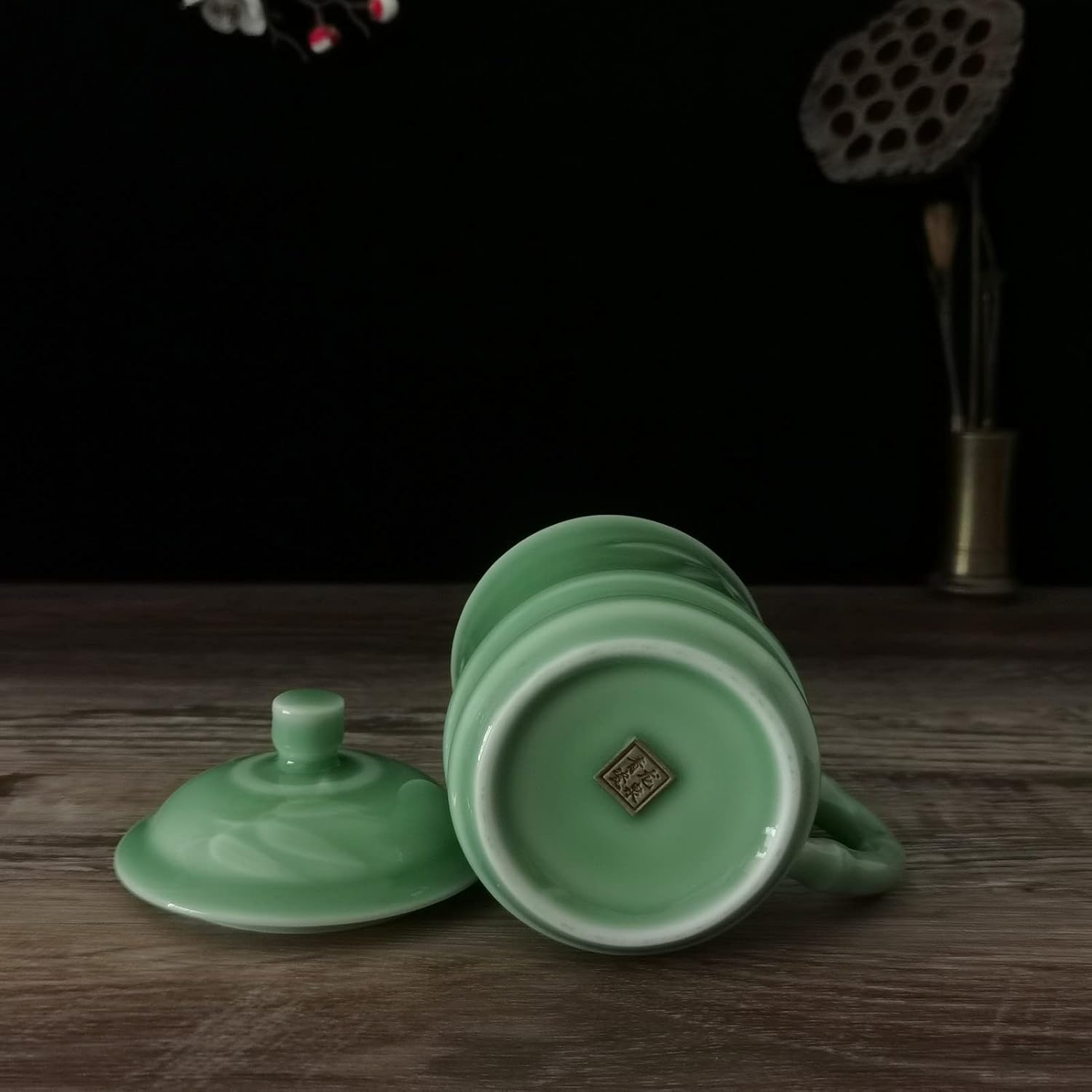 Handmade Celadon Tea Cup with Lid 10oz Coffee Mug Embossed with Bamboo Ceramic Drinkware Porcelain Tableware Microwave and Dishwasher Safe (Green)
