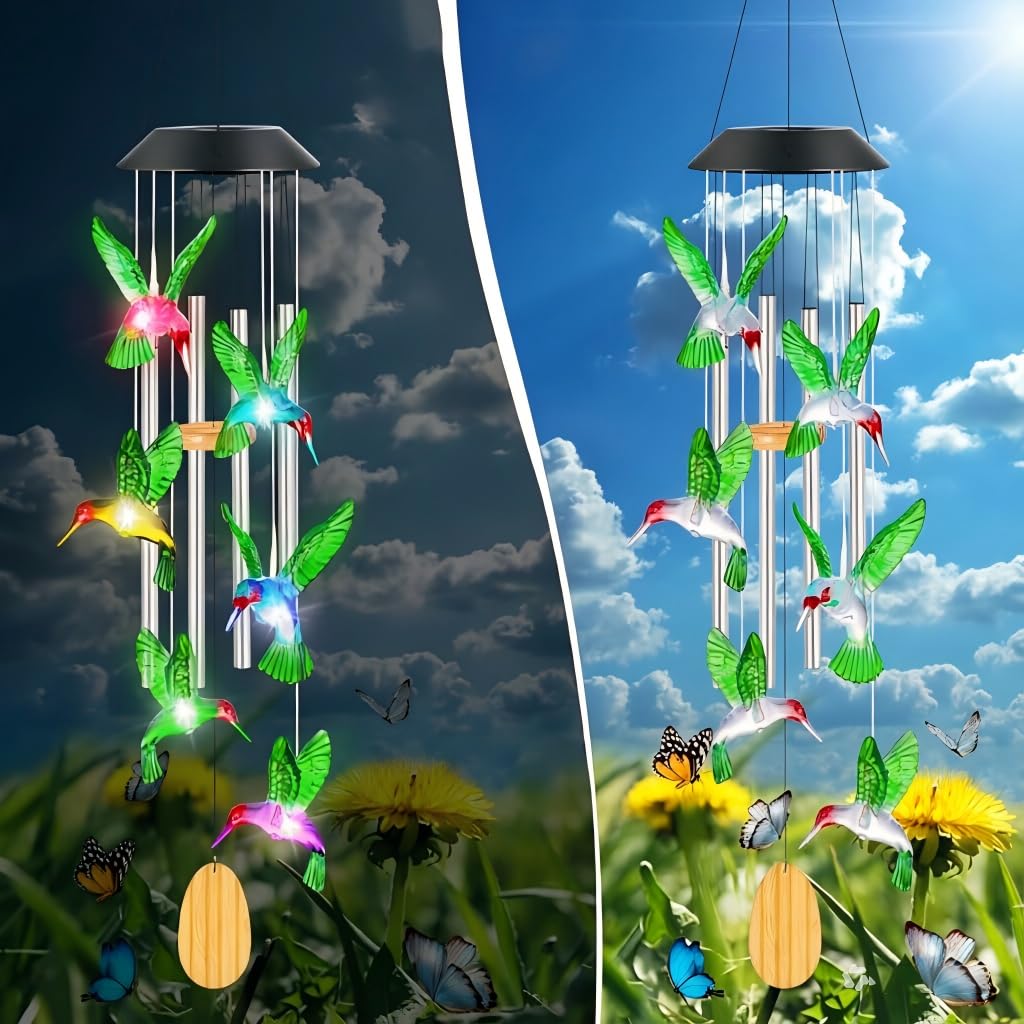 Solar Hummingbird Wind Chimes for Garden, LED Lights with Melodic Aluminum Tube Wind Chime Sound, Waterproof Windchimes Outdoor, Patio, Gift for Nana, Mum, 8-12H Long Lasting