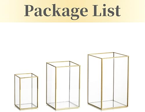 Miniatura 5 de Hewory Portavelas de cristal de huracán Portavelas dorado con marco de metal cuadrado juego de 3, candelabros transparentes para centro de mesa,