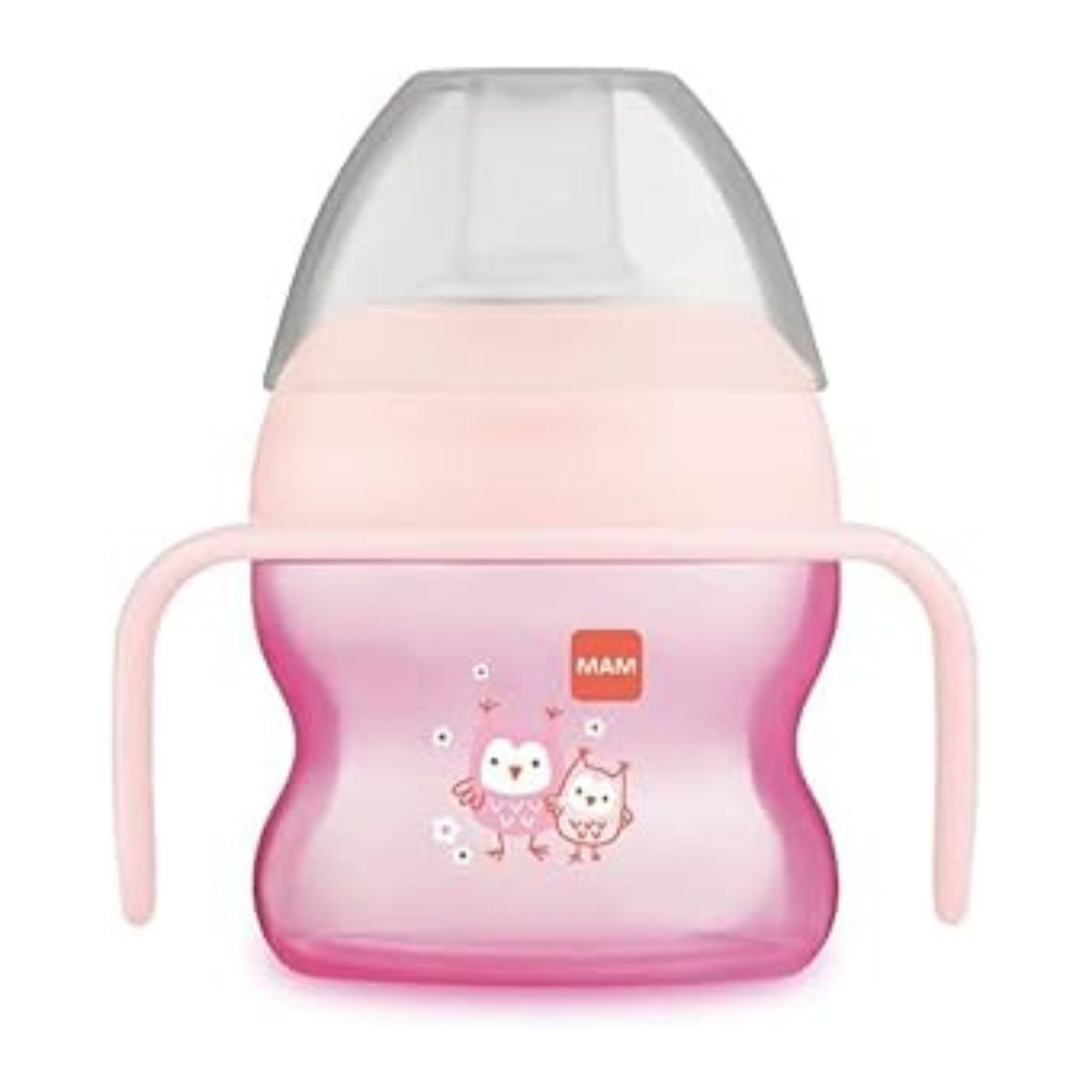 MAM Starter Cup Tazza bambini 150 ml Biberon acqua latte neonati 4+ mesi morbido beccuccio anti-goccia Borraccia neonato forma arrotondata manici antiscivolo Rosa
