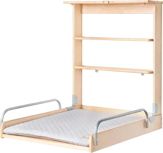 Table à Langer Murale Pliante en Bois Naturel avec Matelas Hydrofuge - 2 Étagères