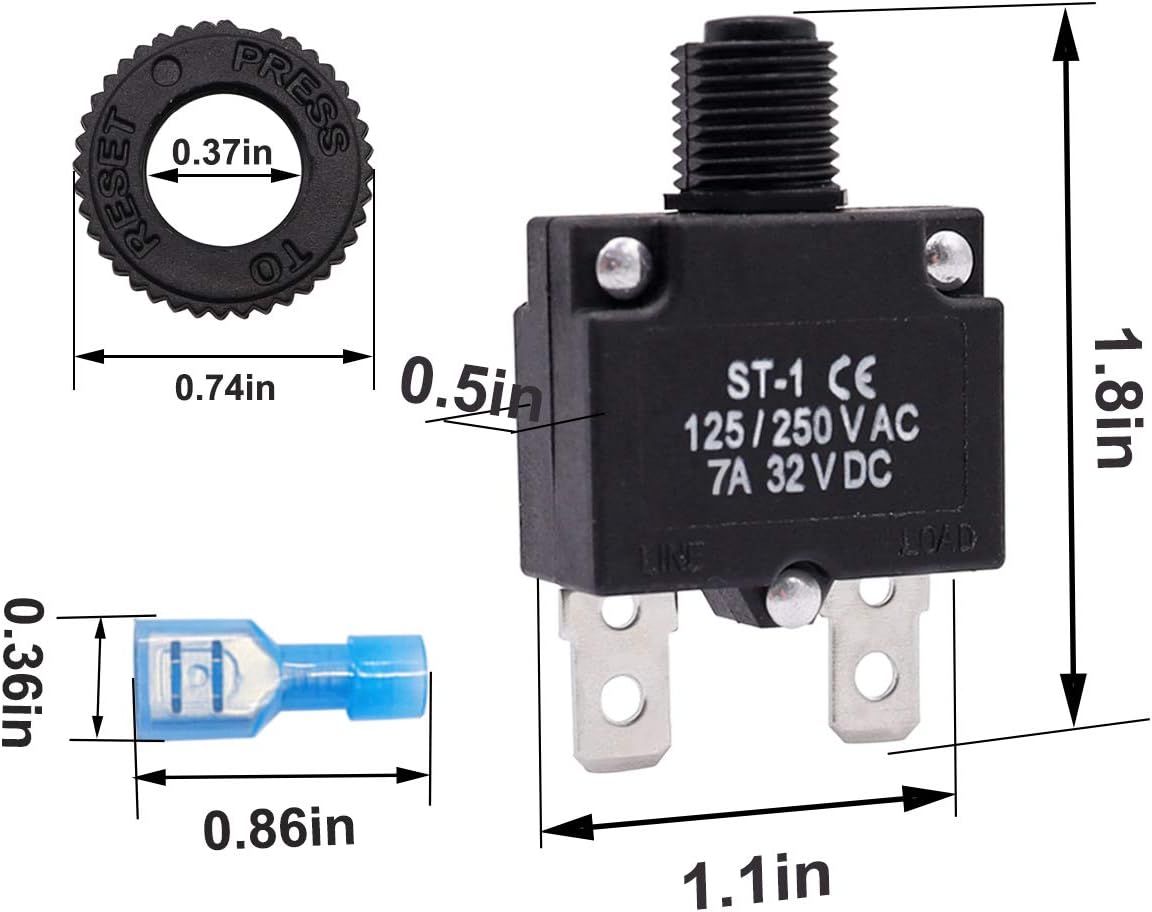 mxuteuk 2Pcs 7Amp Circuit Breakers Push Button Manual Reset 125/250V AC 32V DC,Overload Protector Switch Thermal Circuit Breakers with Quick Connect Terminals ST1-2-7A : Automotive